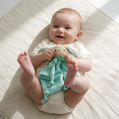 Bébé souriant allongé avec son doudou peluche lapin dans les mains