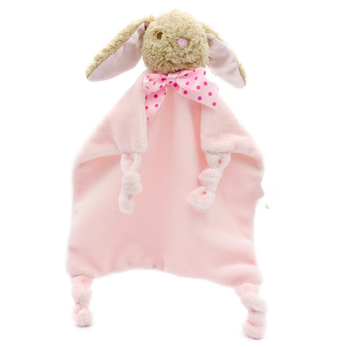 Doudou peluche lapin rose à tête bouclée et nœud à pois