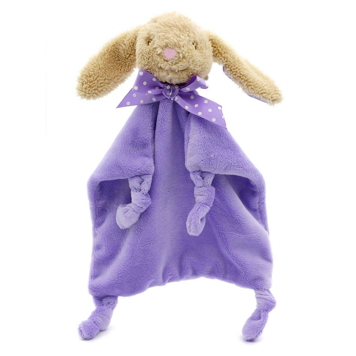 Doudou peluche lapin violet à tête bouclée et nœud à pois