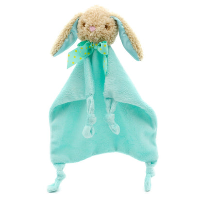 Doudou peluche lapin vert d'eau à tête bouclée
