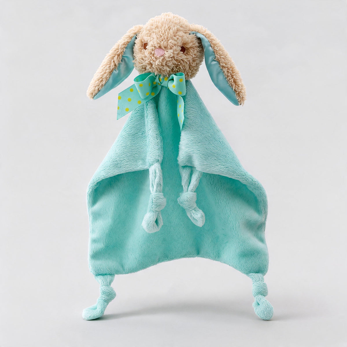 Doudou peluche lapin vert d'eau aux coins noués