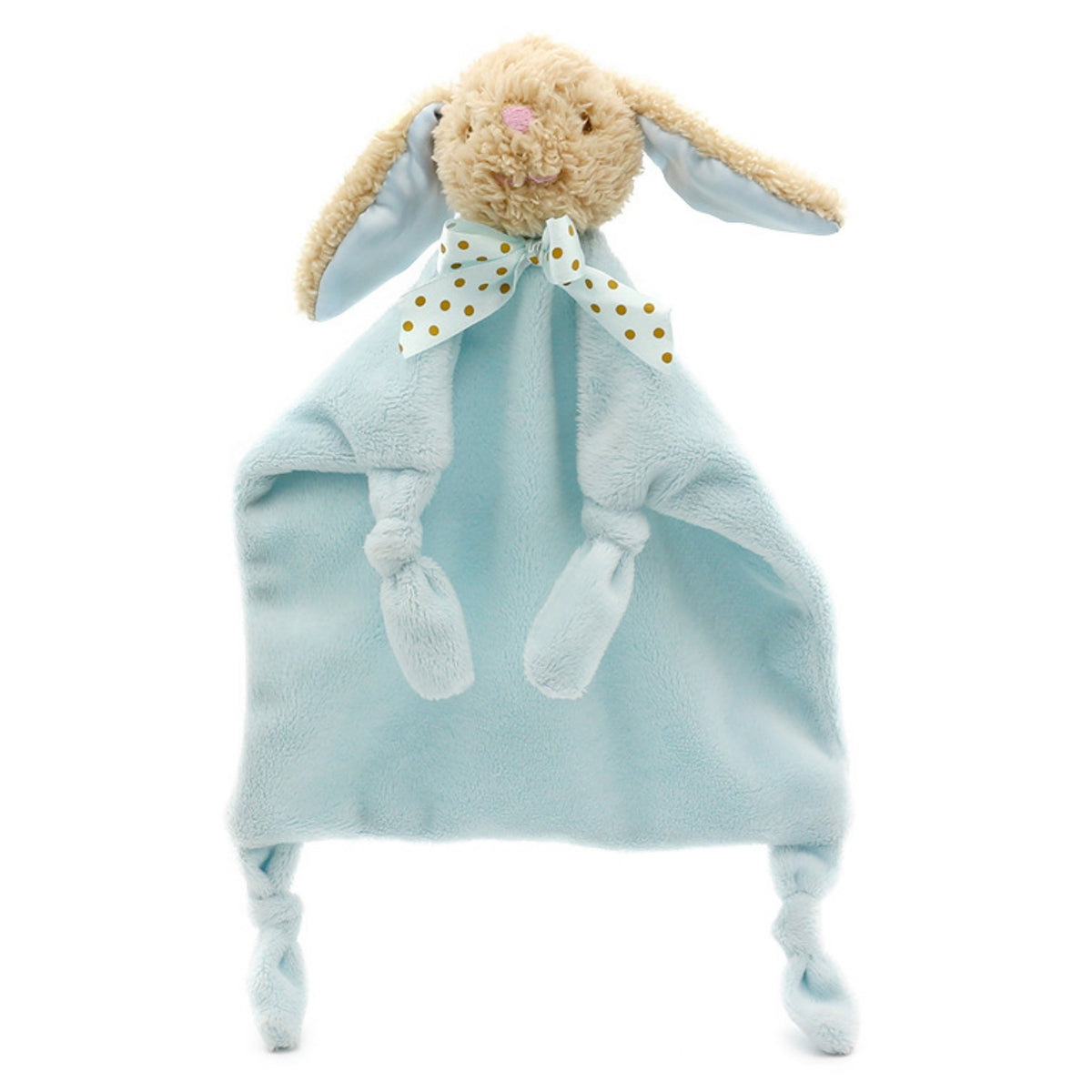 Doudou peluche lapin bleu ciel à tête bouclée et nœud à pois dorés