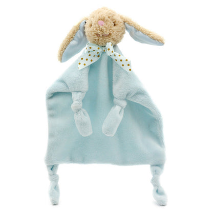 Doudou peluche lapin bleu ciel à tête bouclée et nœud à pois dorés