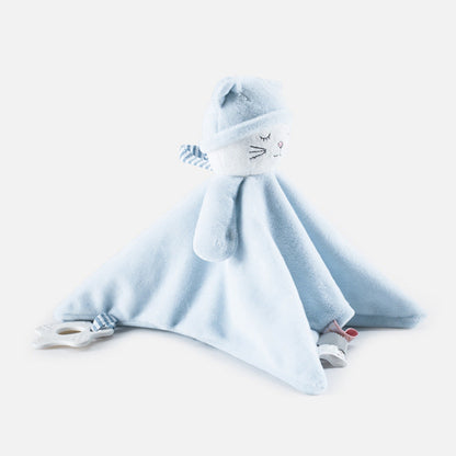 Doudou plat chat bleu à bonnet de nuit avec anneau de dentition