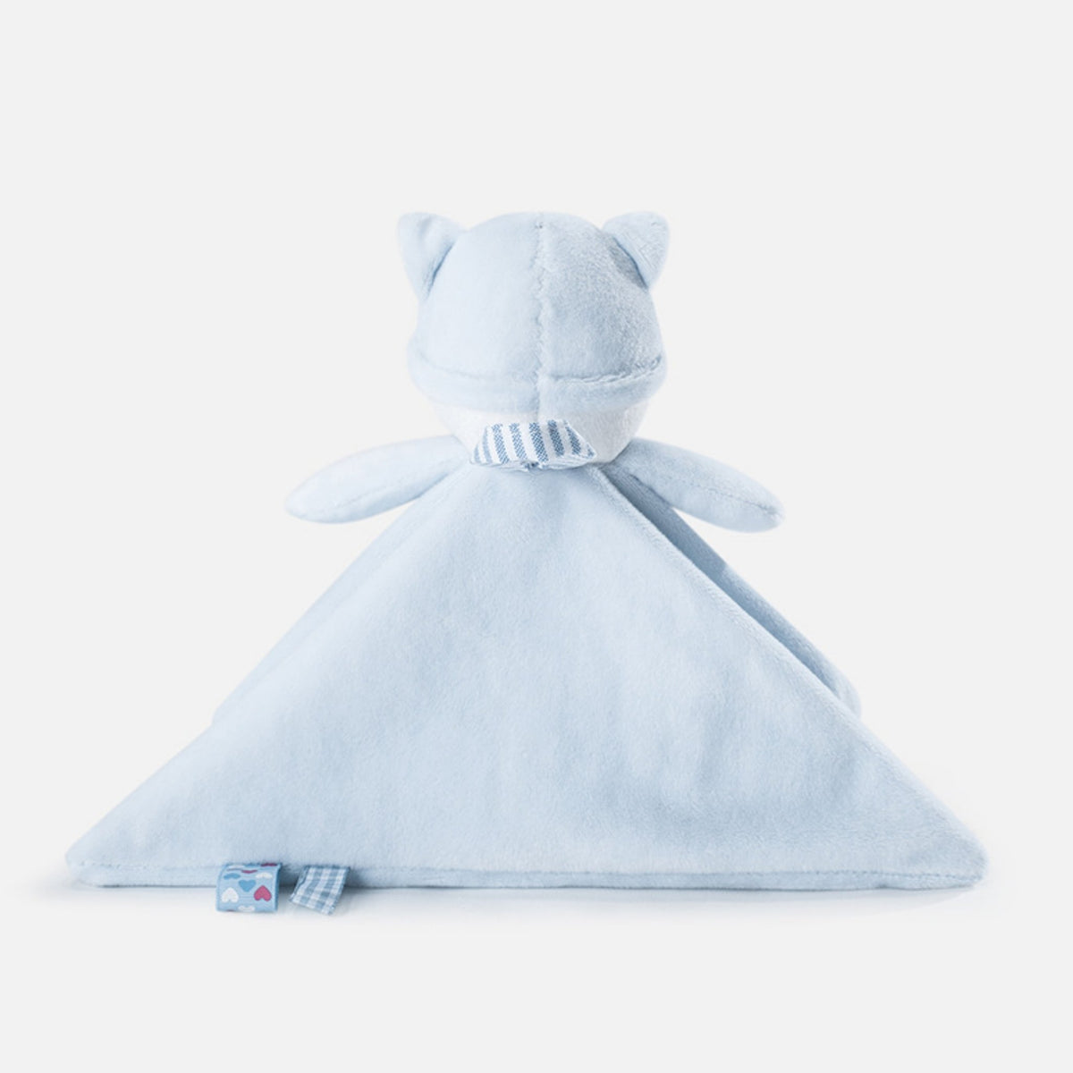 Dos du doudou plat chat bleu et ses petites étiquettes