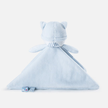 Dos du doudou plat chat bleu et ses petites étiquettes