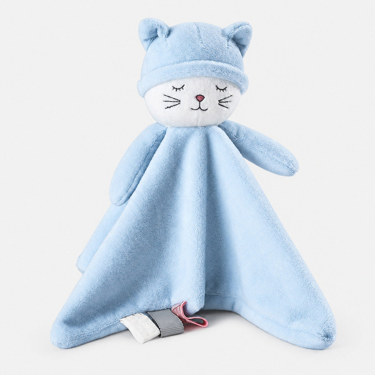 Doudou plat chat bleu à bonnet de nuit, vue de face