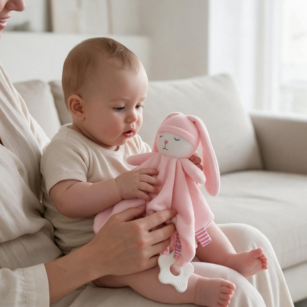 Bébé sur les genoux de sa maman avec son doudou plat lapin rose à bonnet de nuit