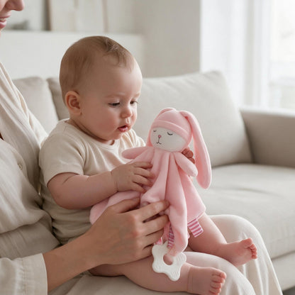Bébé sur les genoux de sa maman avec son doudou plat lapin rose à bonnet de nuit