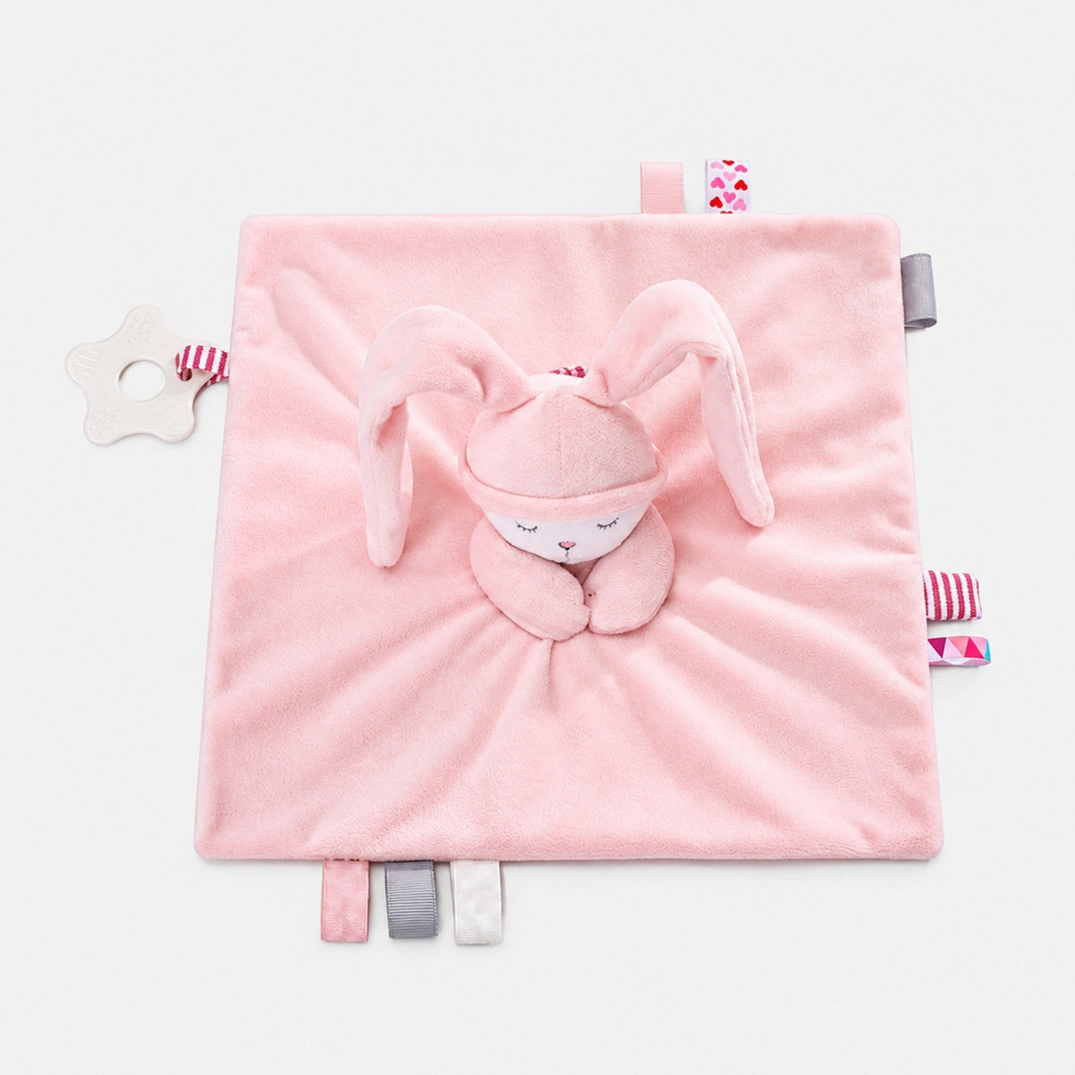 Doudou plat lapin rose déplié avec étiquettes et anneau de dentition