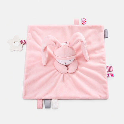 Doudou plat lapin rose déplié avec étiquettes et anneau de dentition