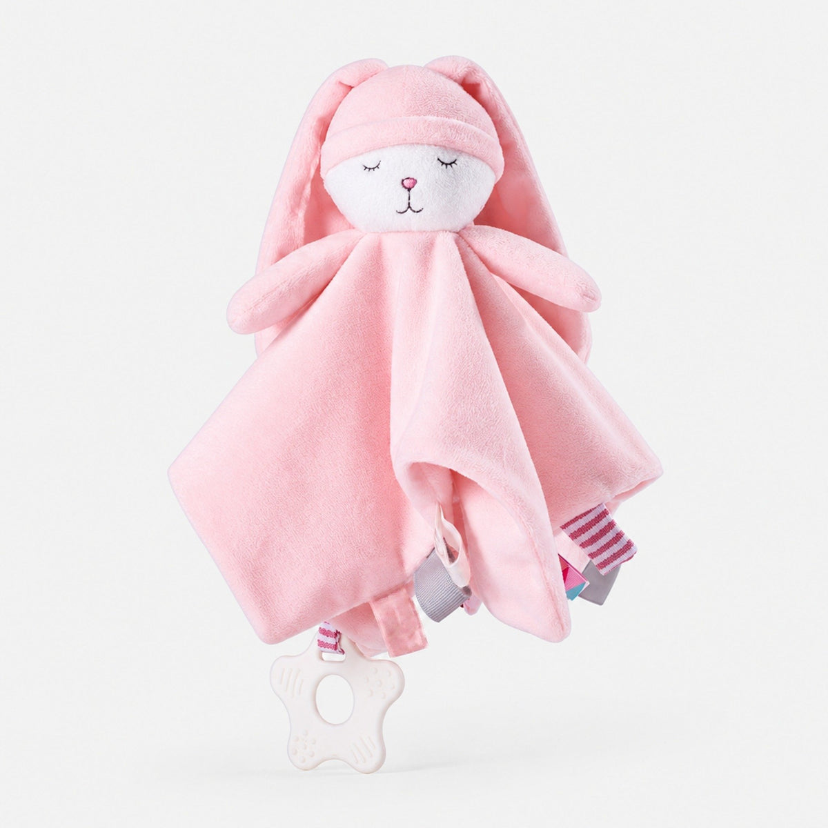 Doudou plat lapin rose à bonnet de nuit avec anneau de dentition