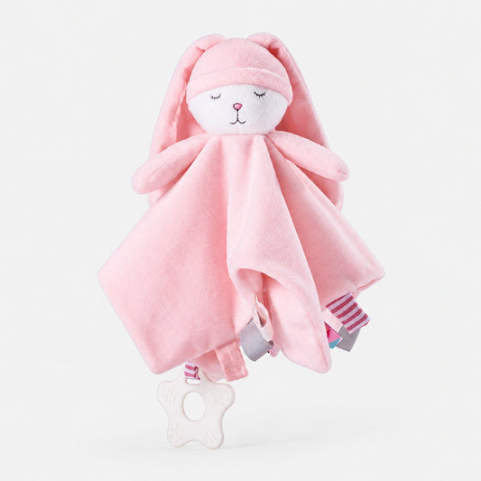 Doudou plat lapin rose à bonnet de nuit avec anneau de dentition