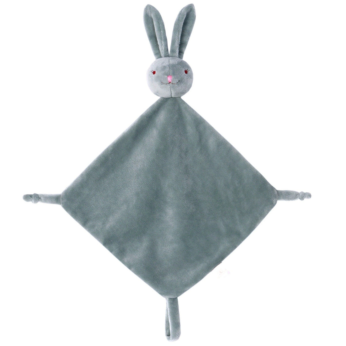 Doudou plat lapin vert sauge en velours, à plat avec coins noués