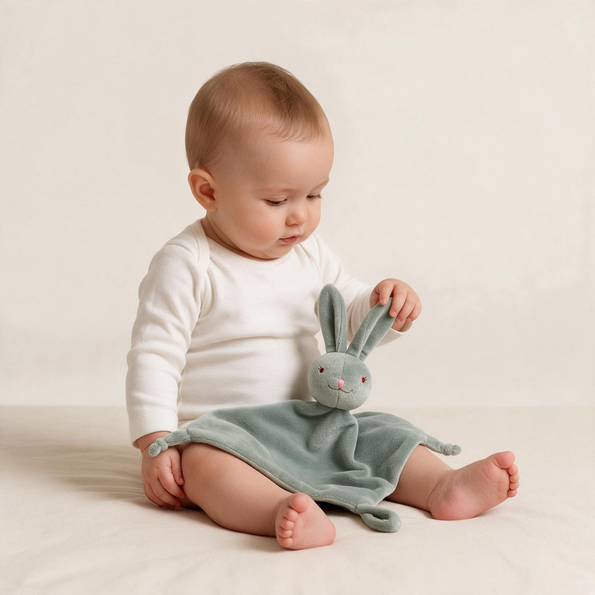 Bébé assis découvrant son doudou lapin plat vert sauge