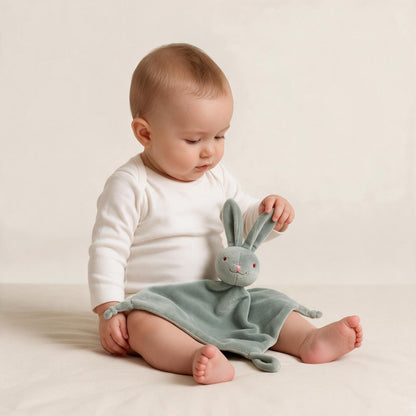 Bébé assis découvrant son doudou lapin plat vert sauge