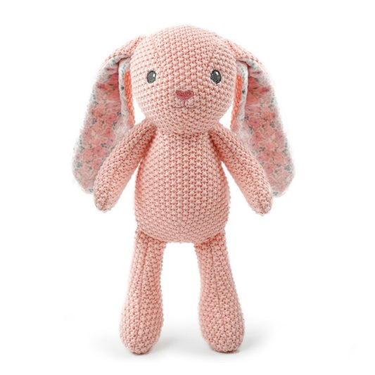 Doudou tricot Pompon, peluche lapin rose aux oreilles fleuries