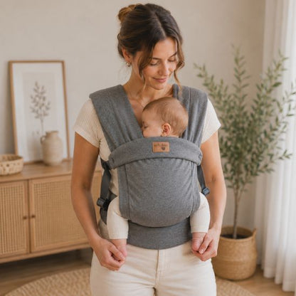 Porte-bébé physiologique gris chiné – portage à l'intérieur