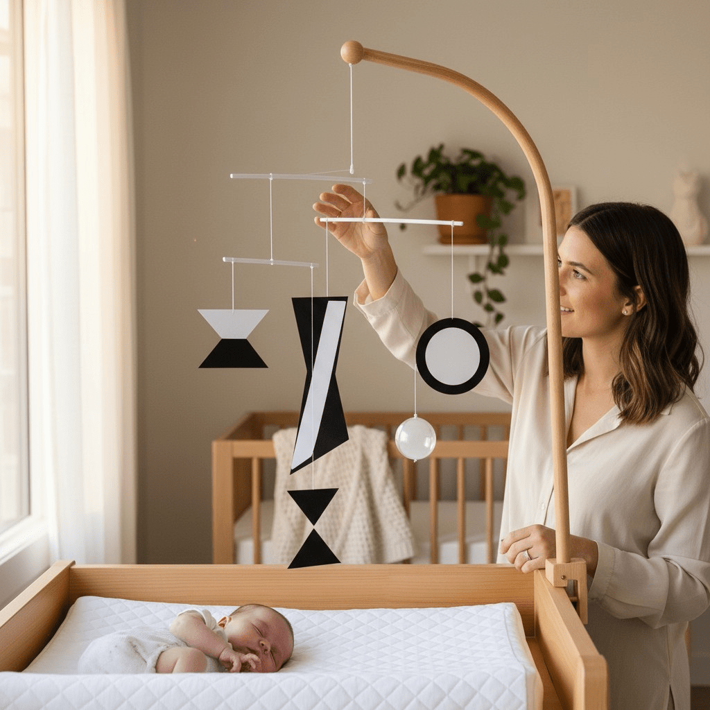 Mobile Montessori des octaèdres rouge bleu jaune pour éveil des couleurs primaires