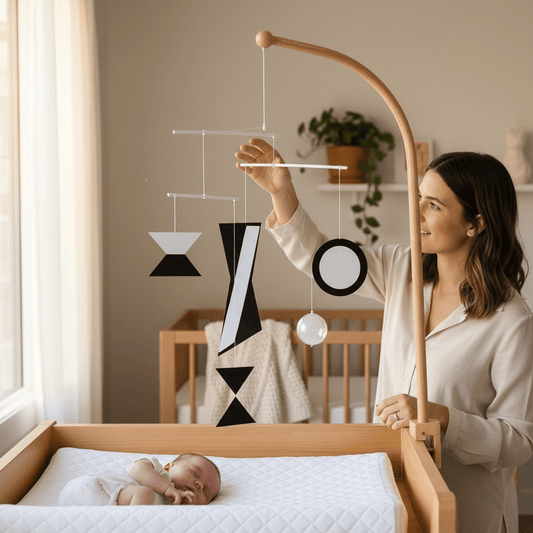 Mobile Montessori des octaèdres rouge bleu jaune pour éveil des couleurs primaires