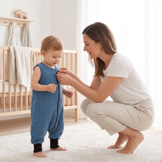 Maman habillant bébé avec sa gigoteuse avec jambes bleu ardoise devant son lit à barreaux