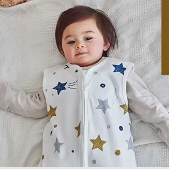 Zoom sur le haut de la gigoteuse bebe étoilée TOG 1, étoiles bleues et or.