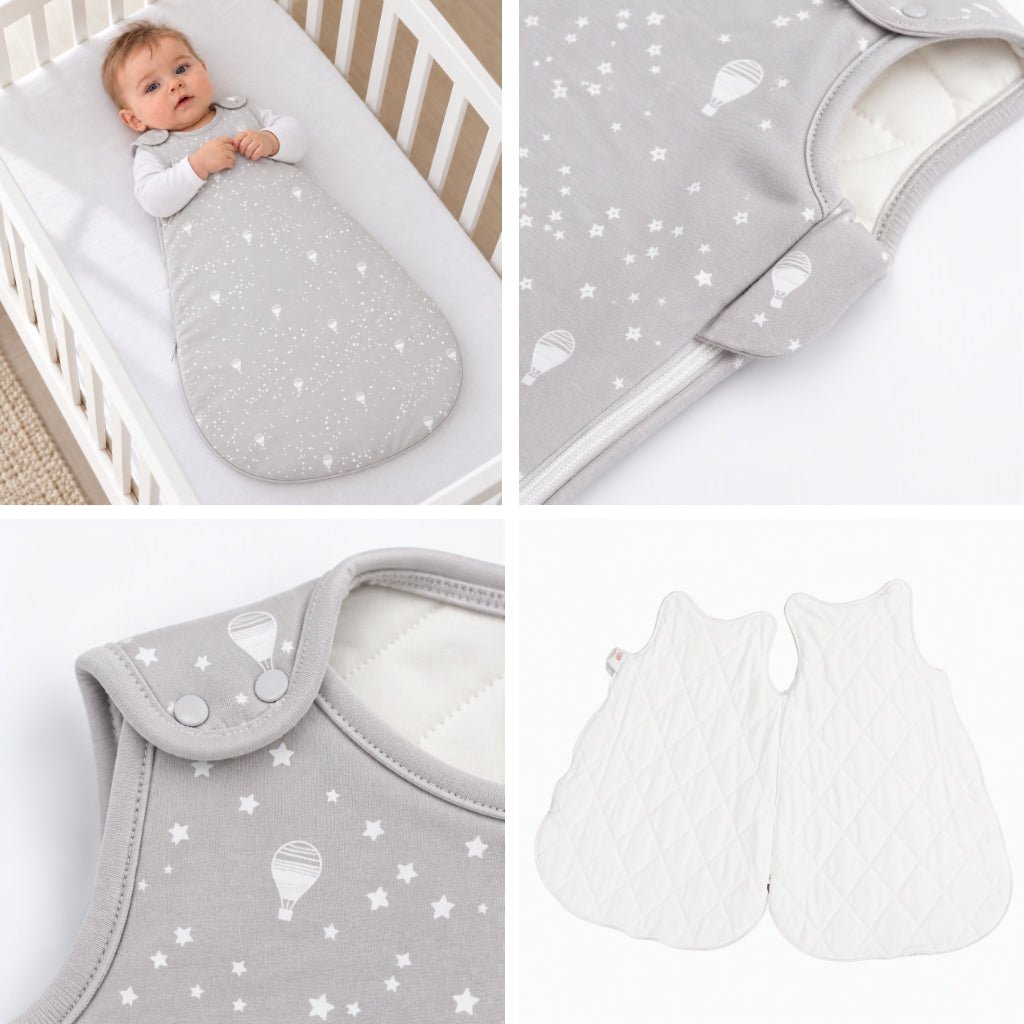 Gigoteuse bébé naissance grise étoilée : bébé dans son lit, zip latéral avec rabat, pressions aux épaules et doublure matelassée
