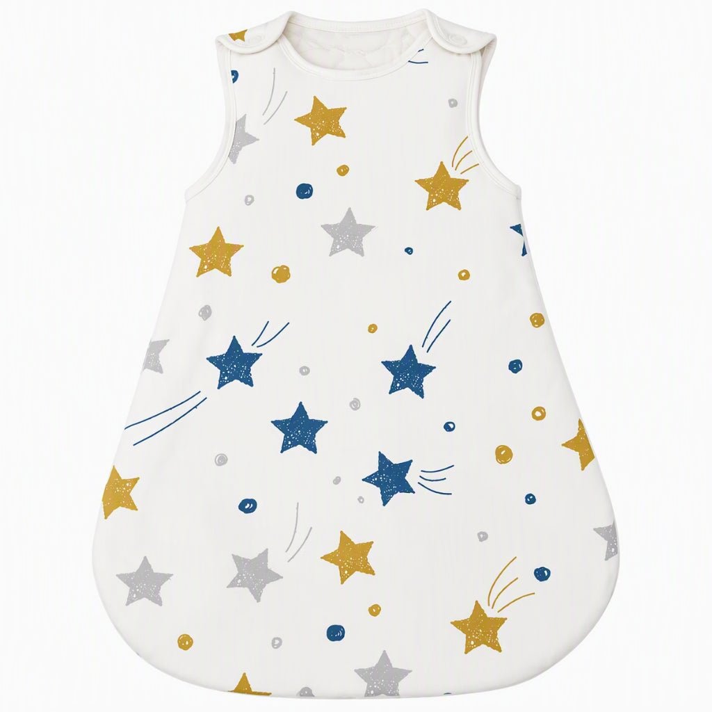 Gigoteuse bébé blanche à étoiles moutarde, bleues et grises