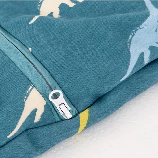 Détail fermeture centrale et motif dinosaures vert anis, bleu ciel et ivoire.
