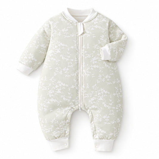 Gigoteuse mi-saison à jambes en coton vert sauge, motif feuillage