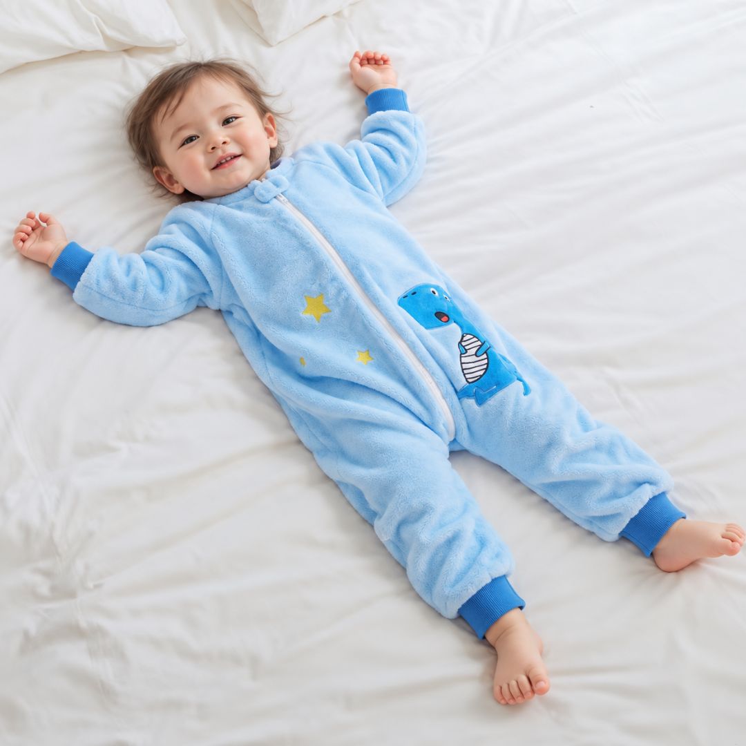 Enfant allongé sur son lit en gigoteuse pyjama bleu ciel