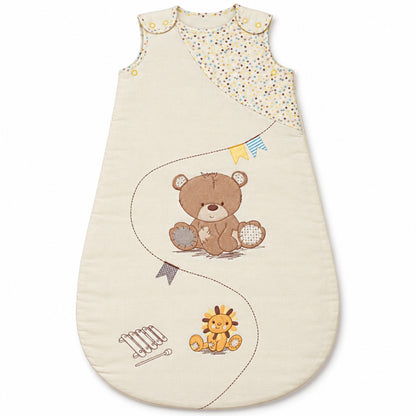 Gigoteuse sans manche coton écrue, ourson et lion brodés