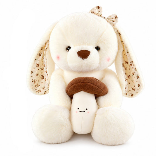 Grande peluche lapin Grignotte Meringue, blanc crème avec son petit champignon souriant
