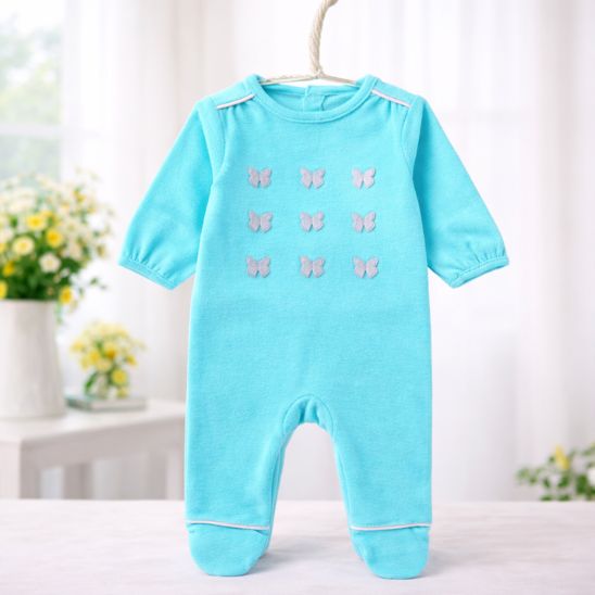 Grenouillère bébé en velours – Pyjama chaud 0-24 mois coloris gris papillons orange