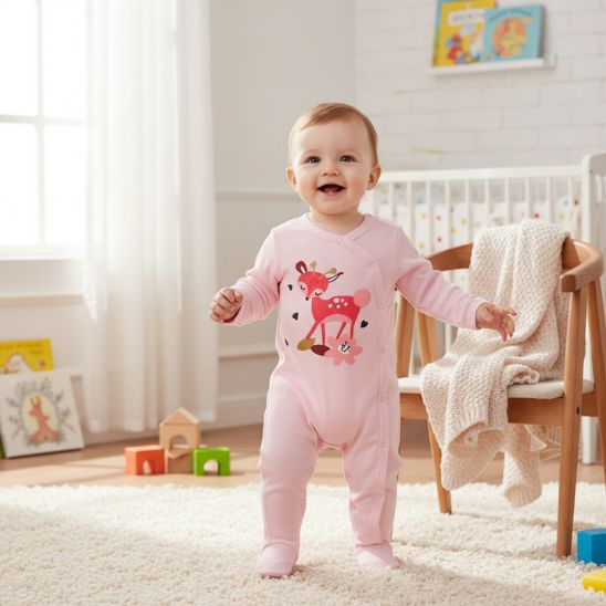 Grenouillère bébé fille rose - Motif petit faon détail finitions couture