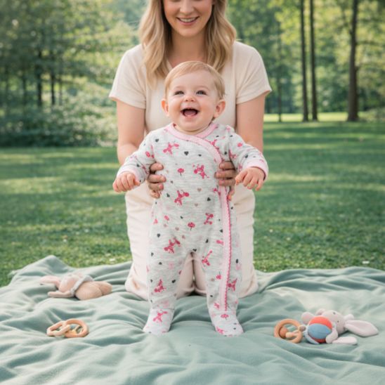 Grenouillère bébé fille rose - Motif petit faon vue de face manches longues