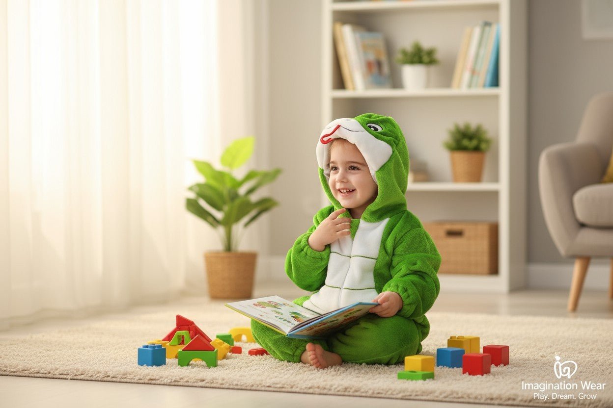 Halloween pyjamas bébé – dinosaure vert clair lisant un livre sur un tapis, chambre enfant