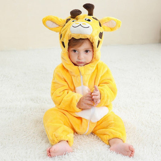 Halloween pyjamas bébé – combinaison girafe jaune à capuche, matière peluche douce