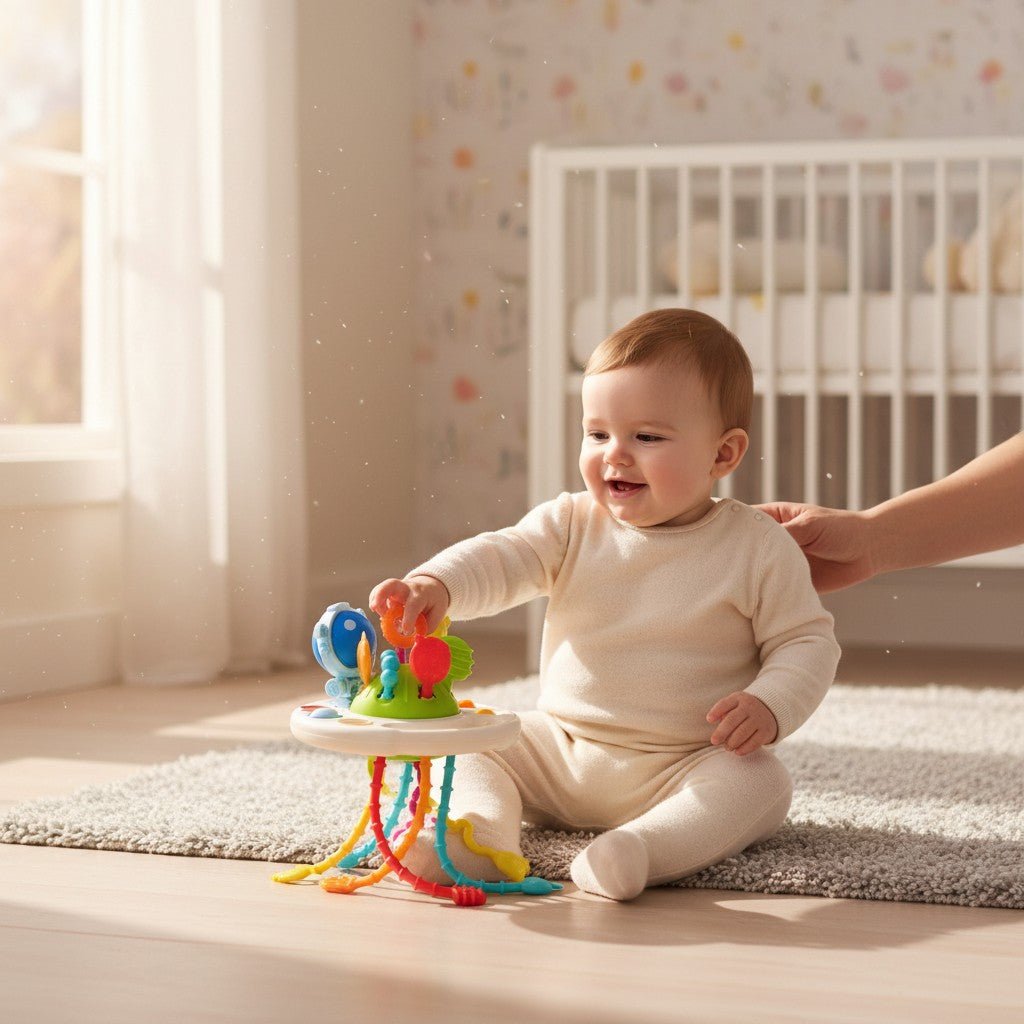 jouet bébé d’éveil multi-activités avec fils sensoriels et formes colorées