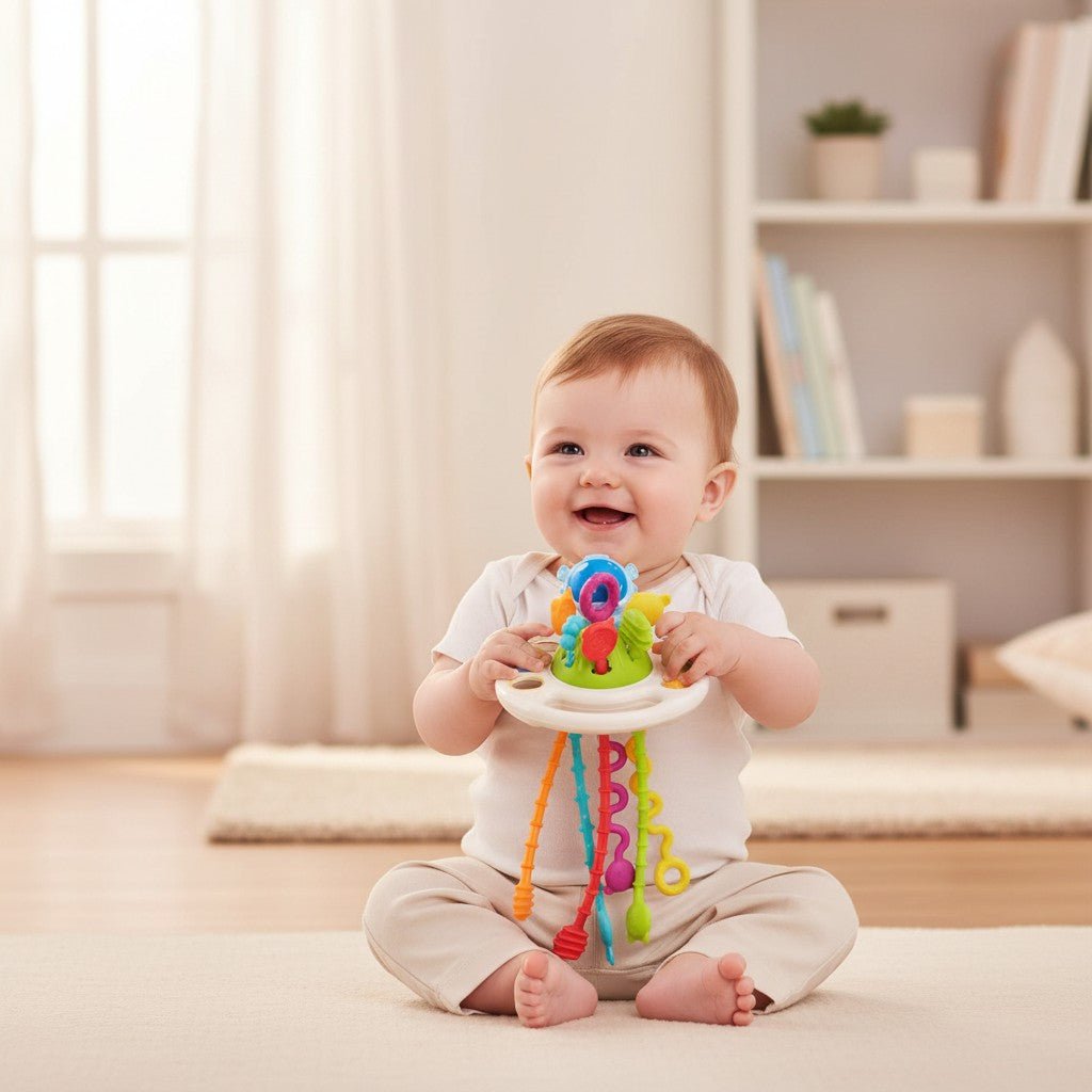 jouet bébé sensoriel interactif aux couleurs vives avec éléments à tirer