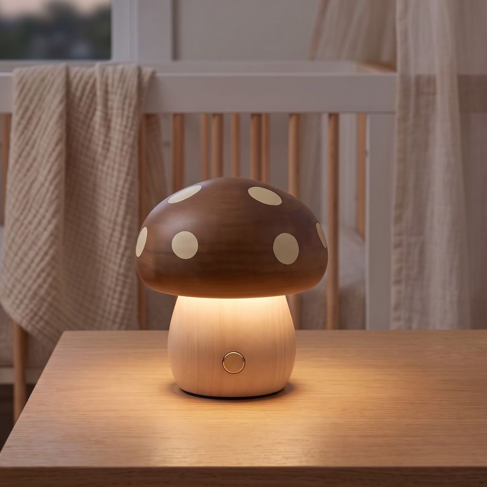 Lampe veilleuse bébé champignon Cacao allumée le soir près d'un lit à barreaux