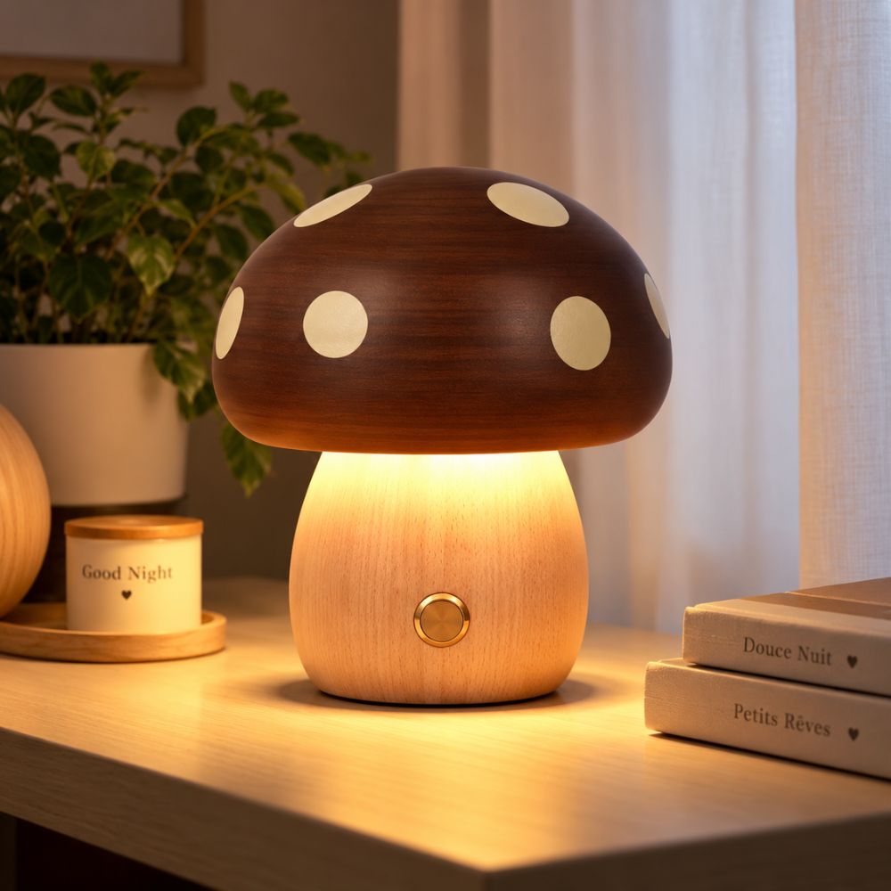 Lampe veilleuse bébé champignon en bois Cacao sur une table de chevet, ambiance chaleureuse