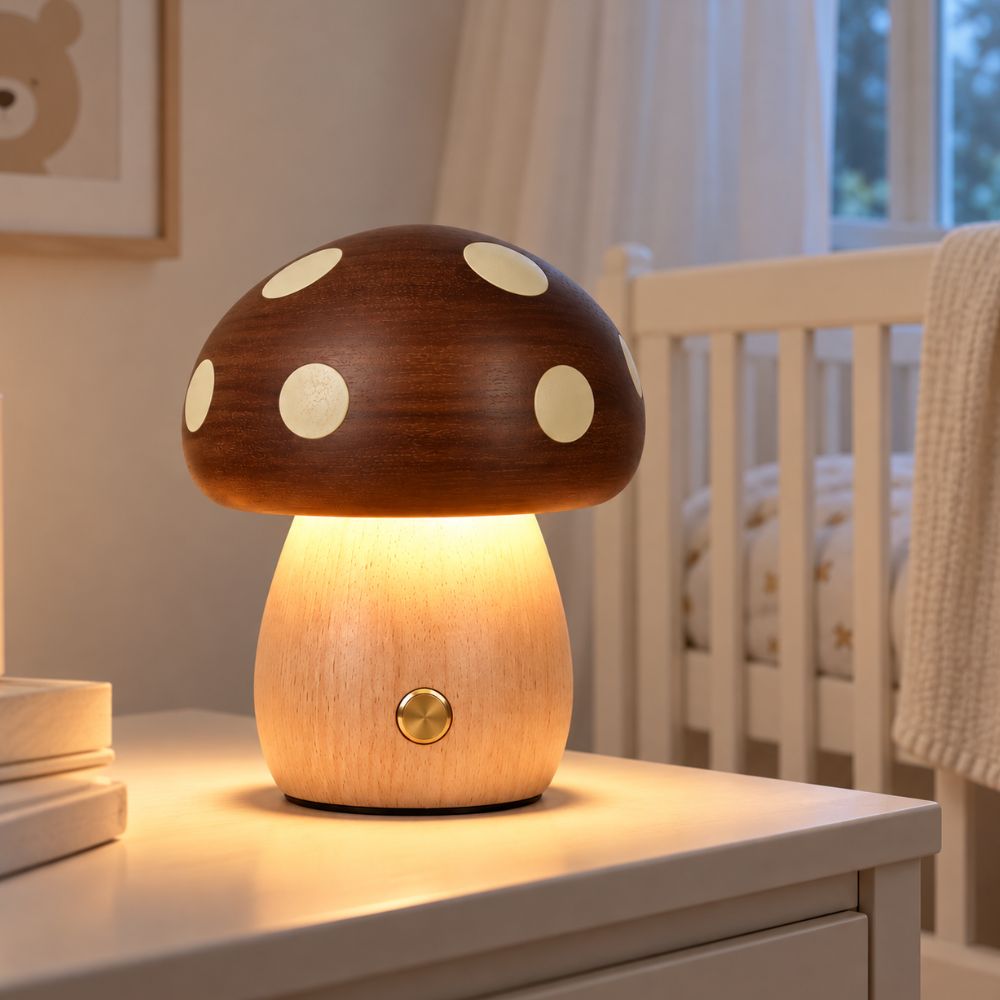 Lampe veilleuse bébé en bois sur une commode blanche dans une chambre