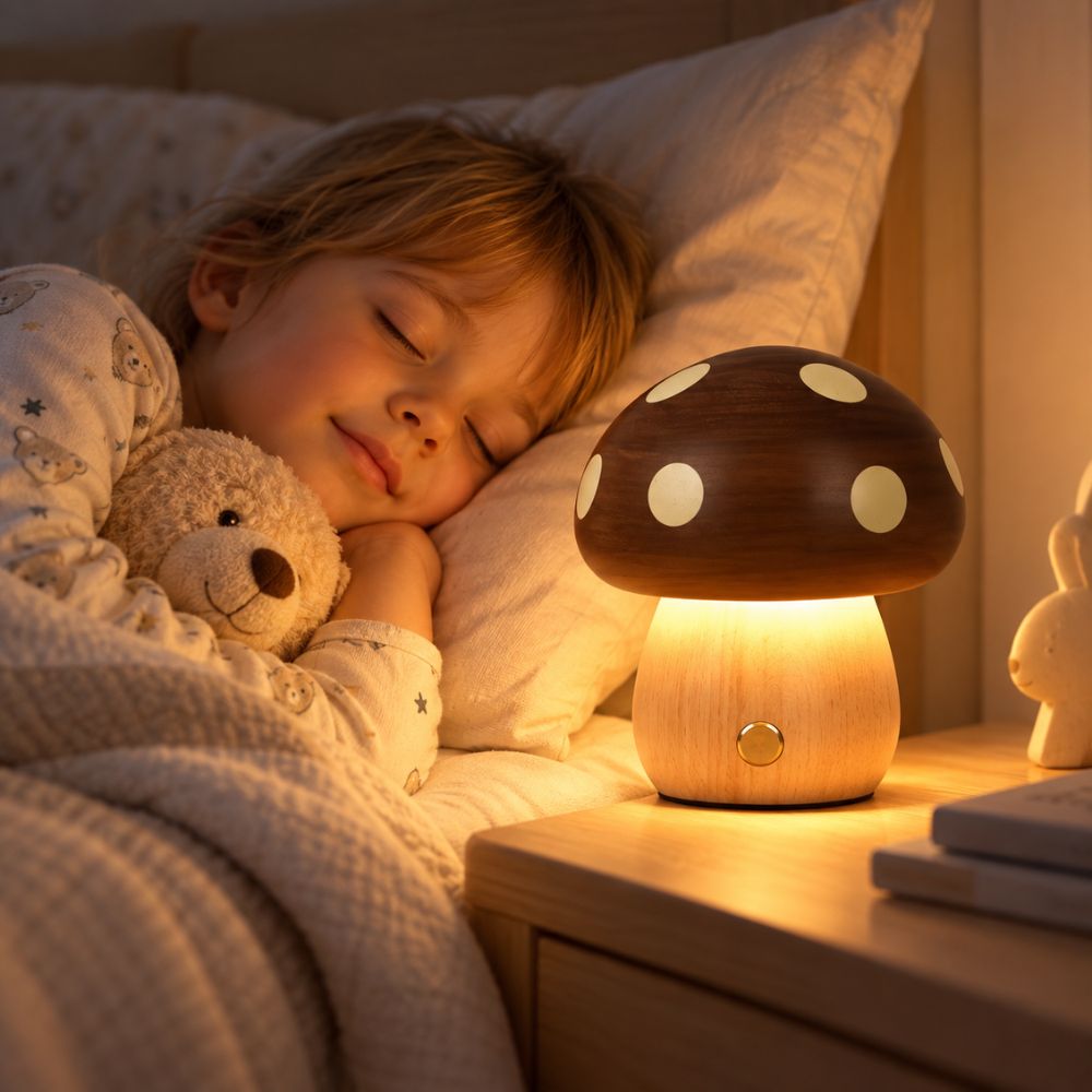 Enfant endormi près d'une lampe veilleuse bébé en forme de champignon