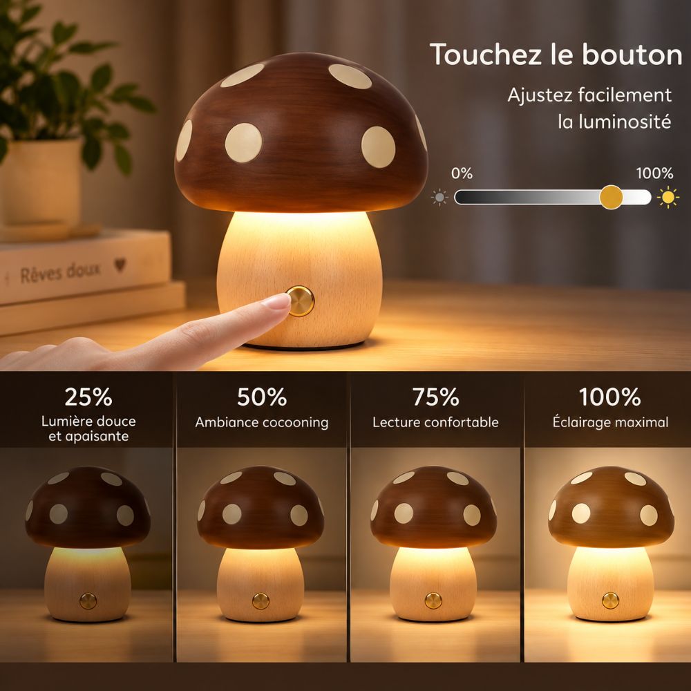 Lampe veilleuse bébé champignon Cacao avec bouton tactile, 4 intensités réglables