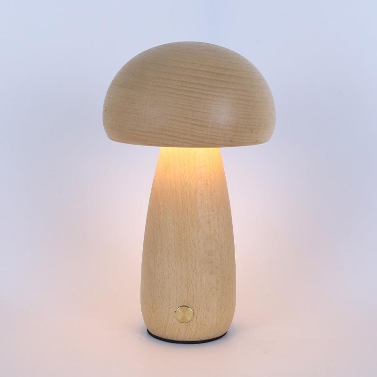 Lampe veilleuse bébé champignon en bois de hêtre naturel, bouton tactile