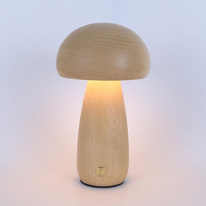 Lampe veilleuse bébé champignon en bois de hêtre naturel, bouton tactile