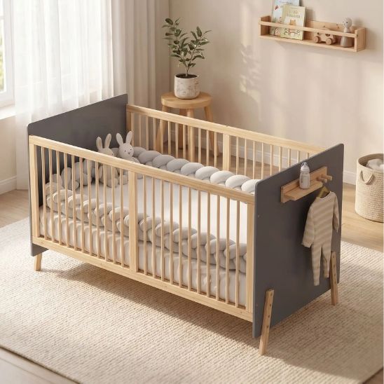 Lit bébé évolutif bois naturel et gris dans une chambre lifestyle unisexe avec tour de lit tressé