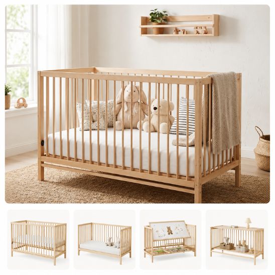 Lit bébé évolutif en bois naturel avec miniatures montrant les 4 fonctions du lit