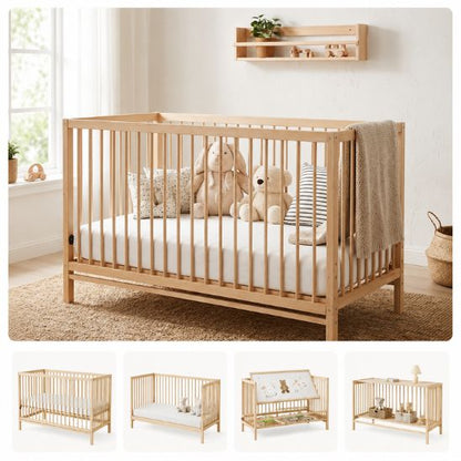 Lit bébé évolutif en bois naturel avec miniatures montrant les 4 fonctions du lit